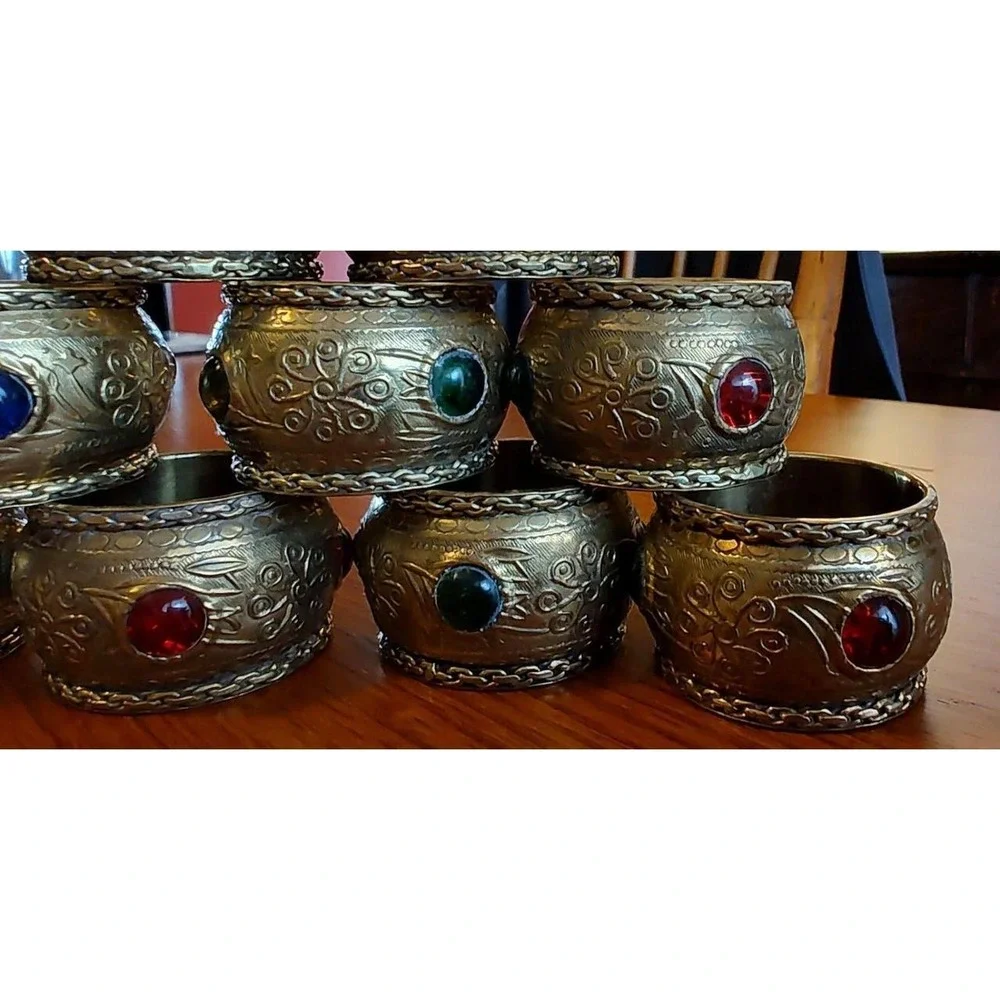 Vintage Brass Napkin Rings Etched Glass Cobachon Gothic Romantic Castlecore EXC